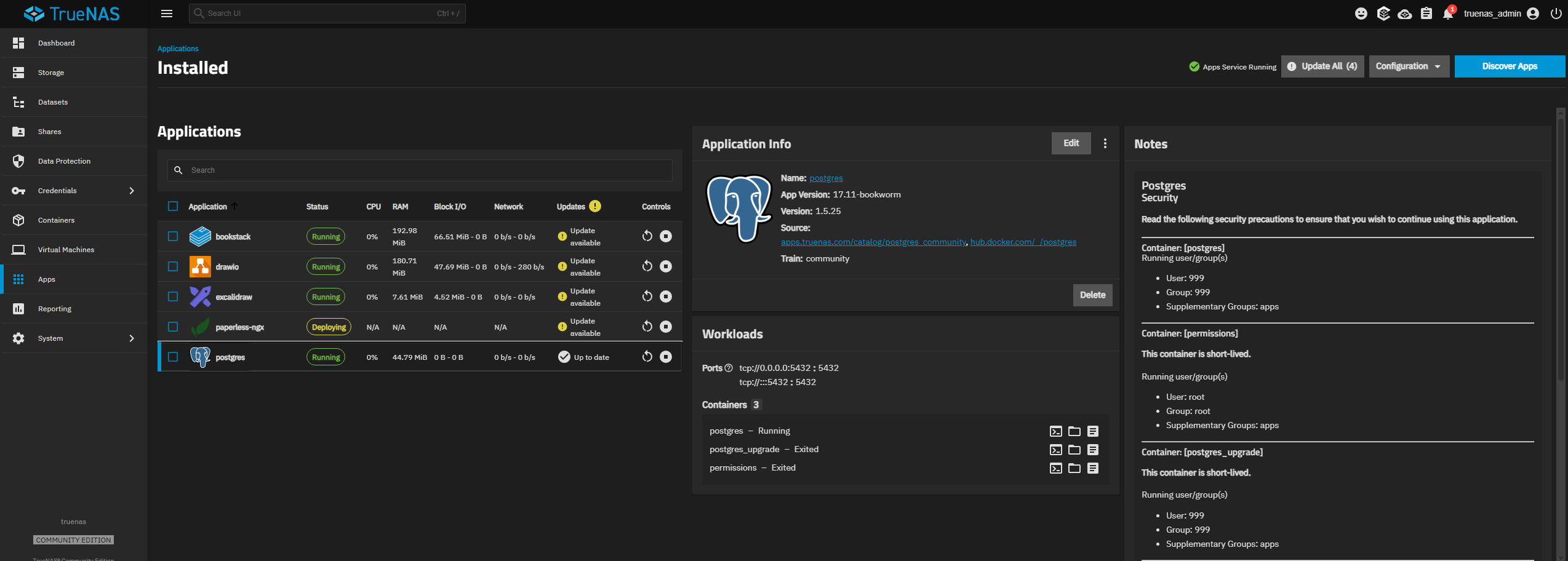 PostgreSQL application running on TrueNAS